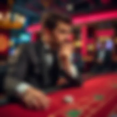 Player Contemplation at Baccarat An illustration of a player contemplating their next bet at a baccarat table