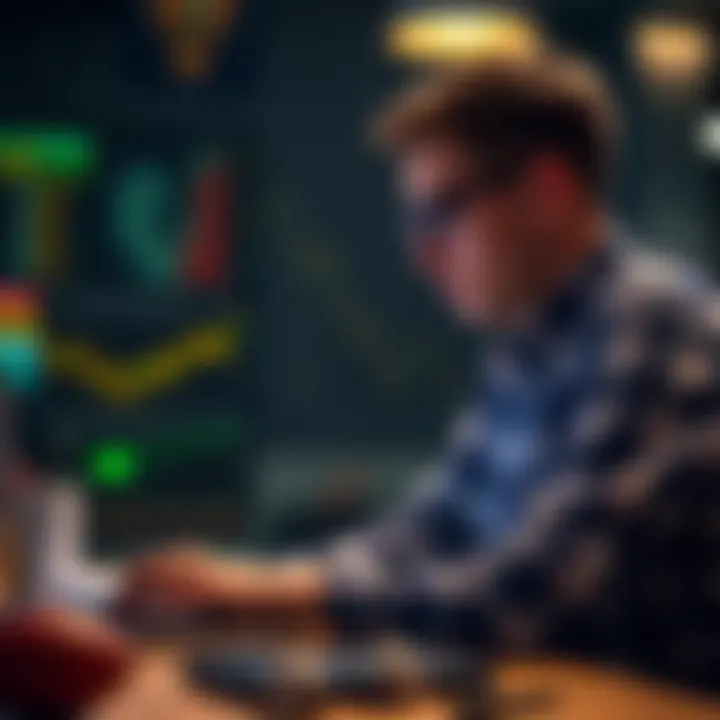 A thoughtful individual analyzing statistics and data on a laptop for strategic betting decisions.