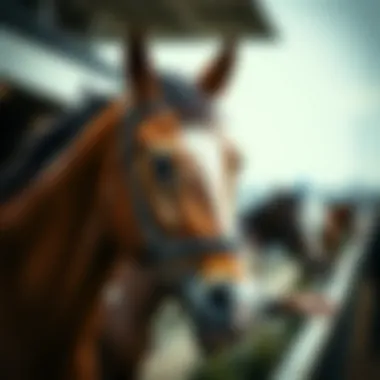 A close-up of a thoroughbred horse preparing for the race